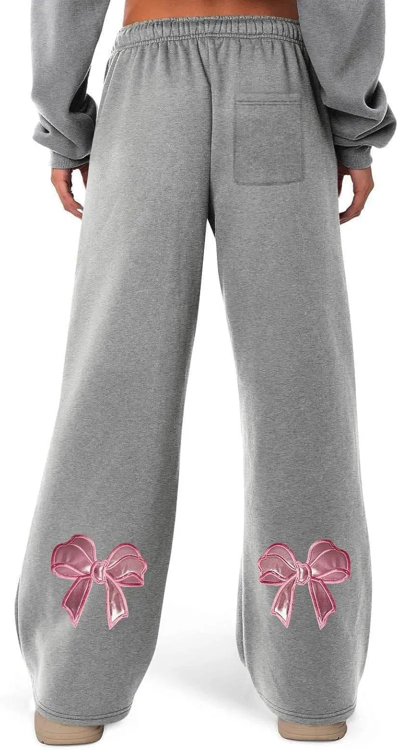 JiXiang Girls Sweatpants Bow Graphic Print High Elastic Waist Straight Leg Fleece Lined Lounge Sweat Pants Wide Leg Joggers