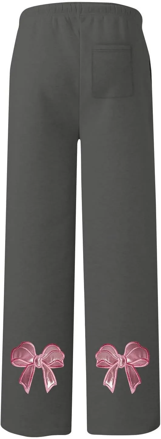 JiXiang Girls Sweatpants Bow Graphic Print High Elastic Waist Straight Leg Fleece Lined Lounge Sweat Pants Wide Leg Joggers