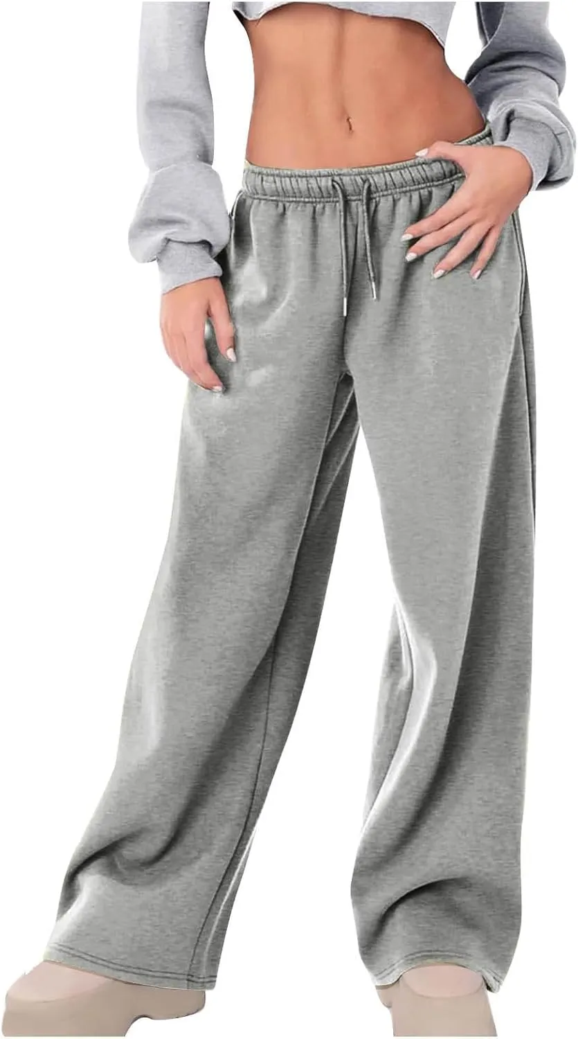 JiXiang Girls Sweatpants Bow Graphic Print High Elastic Waist Straight Leg Fleece Lined Lounge Sweat Pants Wide Leg Joggers