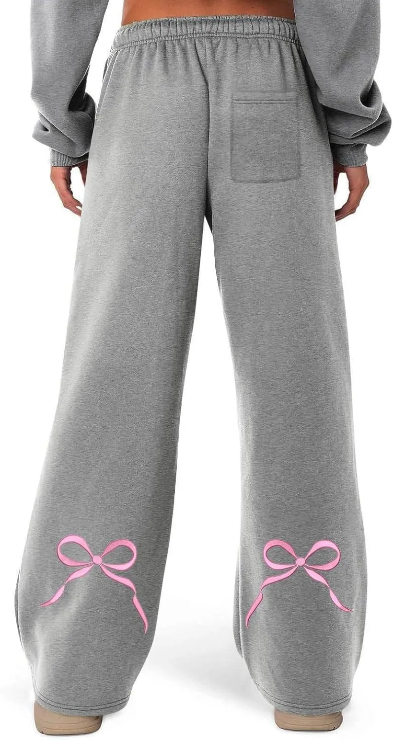 JiXiang Girls Sweatpants Bow Graphic Print High Elastic Waist Straight Leg Fleece Lined Lounge Sweat Pants Wide Leg Joggers