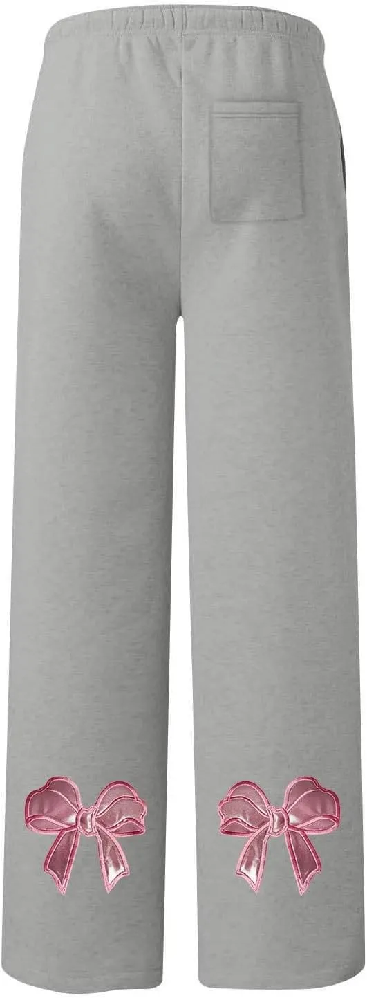 JiXiang Girls Sweatpants Bow Graphic Print High Elastic Waist Straight Leg Fleece Lined Lounge Sweat Pants Wide Leg Joggers