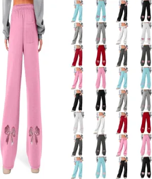 JiXiang Girls Sweatpants Bow Graphic Print High Elastic Waist Straight Leg Fleece Lined Lounge Sweat Pants Wide Leg Joggers
