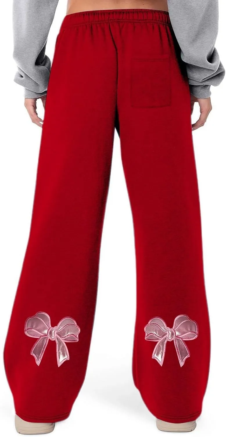 JiXiang Girls Sweatpants Bow Graphic Print High Elastic Waist Straight Leg Fleece Lined Lounge Sweat Pants Wide Leg Joggers