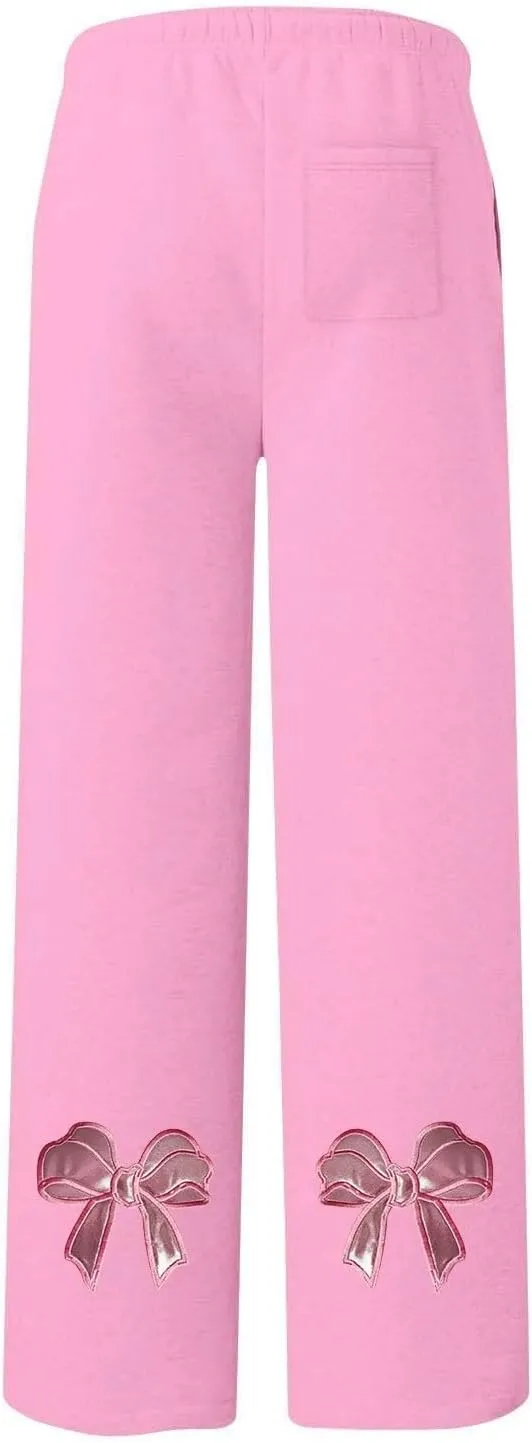 JiXiang Girls Sweatpants Bow Graphic Print High Elastic Waist Straight Leg Fleece Lined Lounge Sweat Pants Wide Leg Joggers