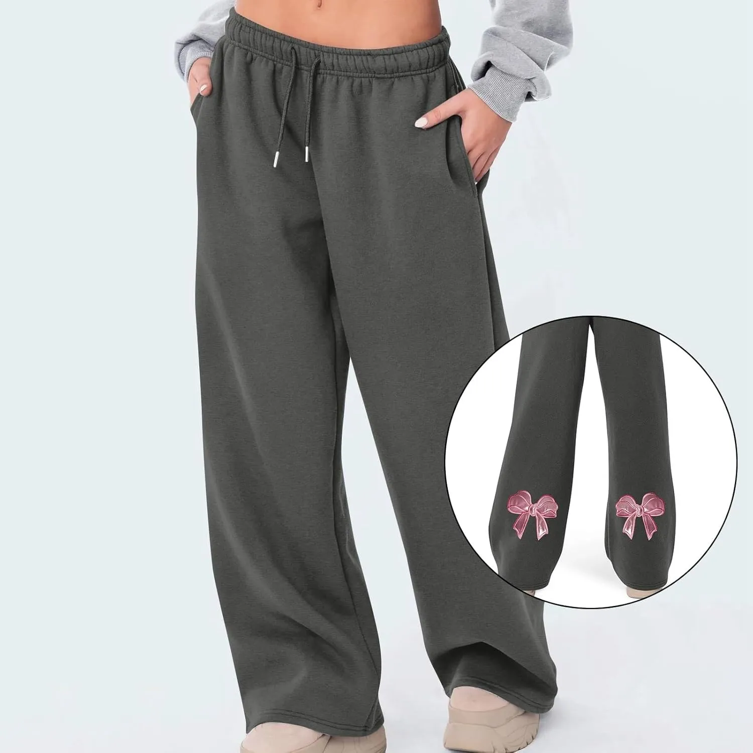 JiXiang Girls Sweatpants Bow Graphic Print High Elastic Waist Straight Leg Fleece Lined Lounge Sweat Pants Wide Leg Joggers