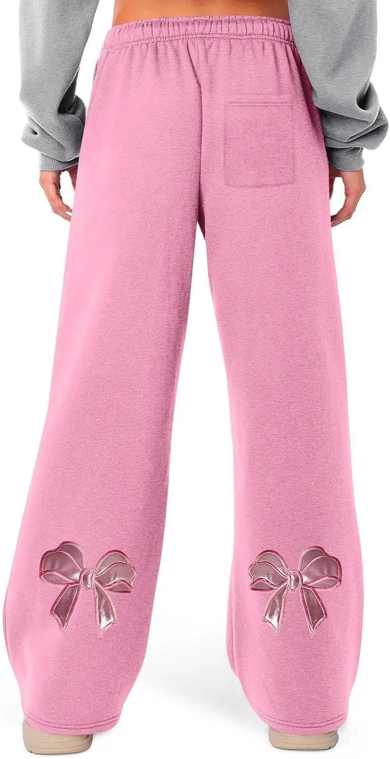 JiXiang Girls Sweatpants Bow Graphic Print High Elastic Waist Straight Leg Fleece Lined Lounge Sweat Pants Wide Leg Joggers