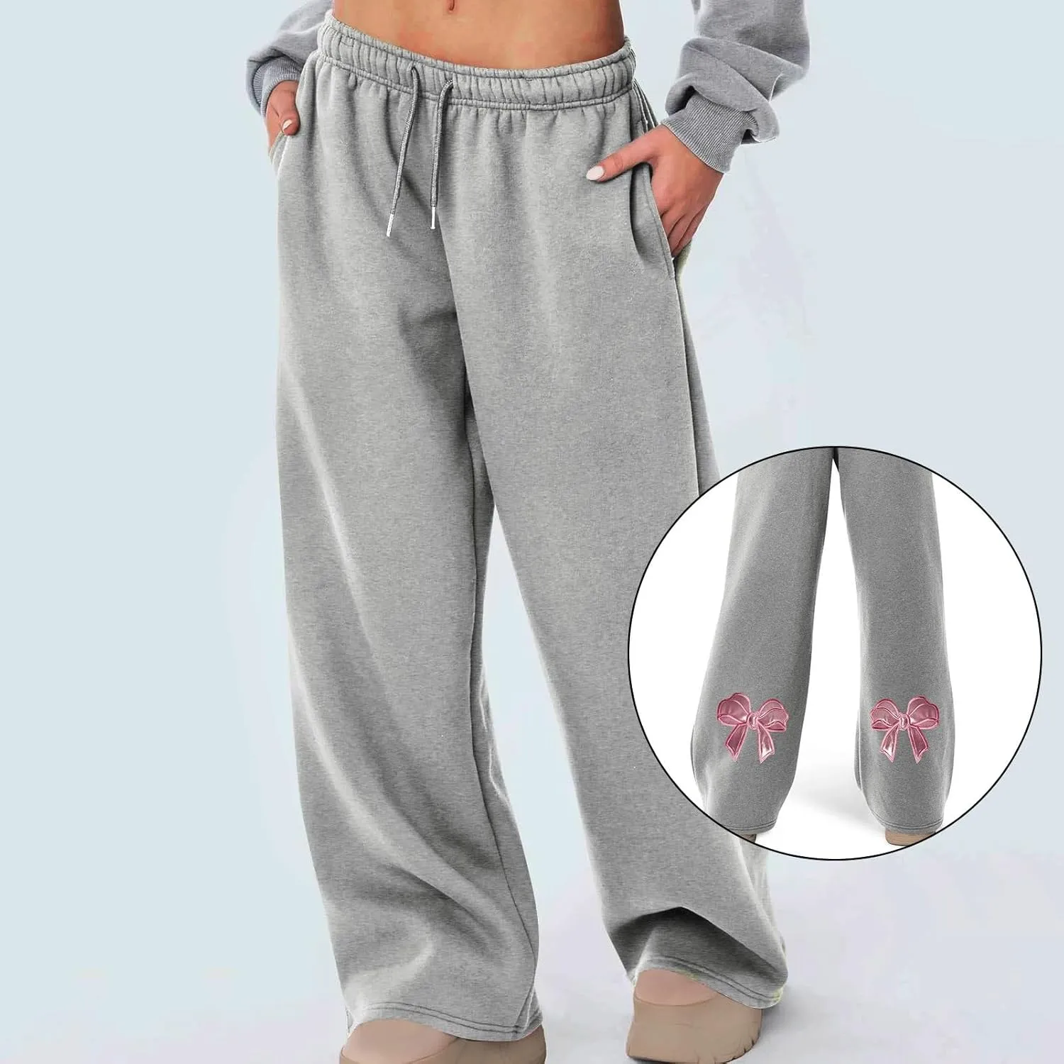 JiXiang Girls Sweatpants Bow Graphic Print High Elastic Waist Straight Leg Fleece Lined Lounge Sweat Pants Wide Leg Joggers