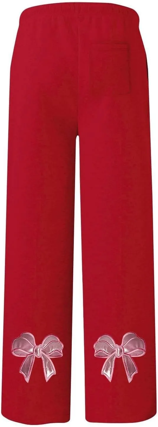 JiXiang Girls Sweatpants Bow Graphic Print High Elastic Waist Straight Leg Fleece Lined Lounge Sweat Pants Wide Leg Joggers