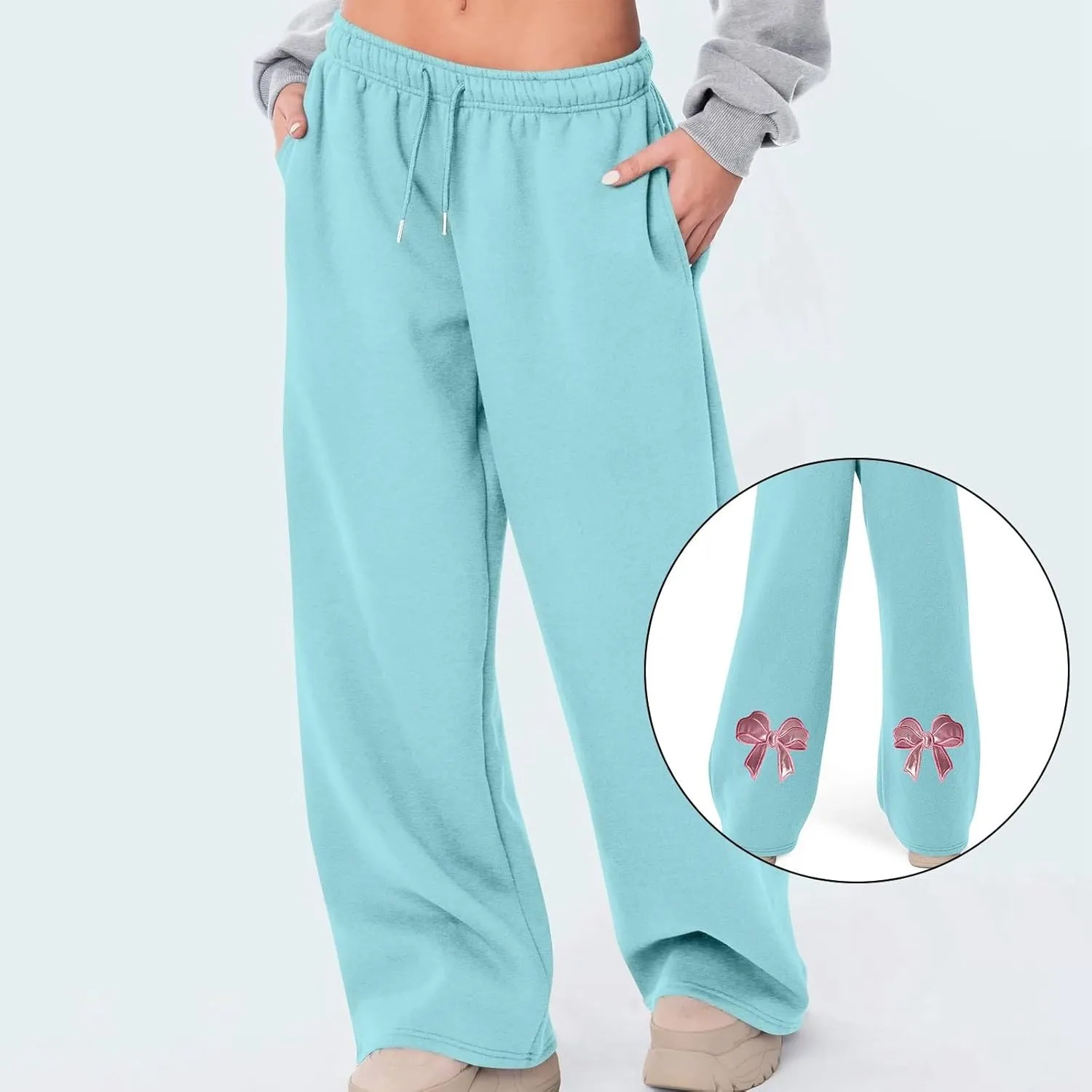 JiXiang Girls Sweatpants Bow Graphic Print High Elastic Waist Straight Leg Fleece Lined Lounge Sweat Pants Wide Leg Joggers