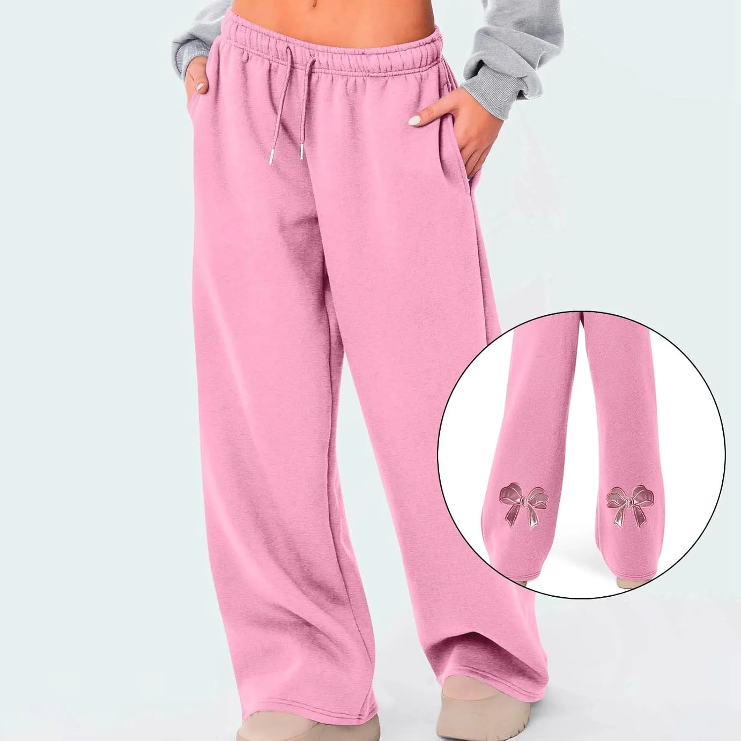 JiXiang Girls Sweatpants Bow Graphic Print High Elastic Waist Straight Leg Fleece Lined Lounge Sweat Pants Wide Leg Joggers