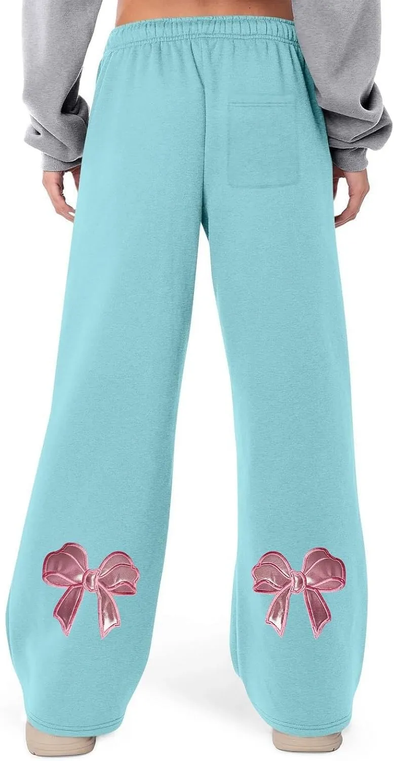 JiXiang Girls Sweatpants Bow Graphic Print High Elastic Waist Straight Leg Fleece Lined Lounge Sweat Pants Wide Leg Joggers