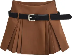 Joe Wenko Women's Pleated A-Line Uniform Belted Mini Skirt
