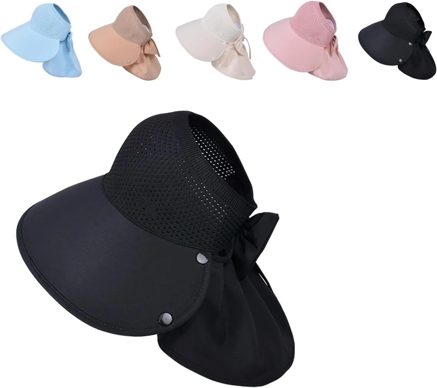 Large-Brim Hollow Sunscreen Hat with Removable Neck Shawl & Flap for Women, Adjustable Chin Strap, Windproof