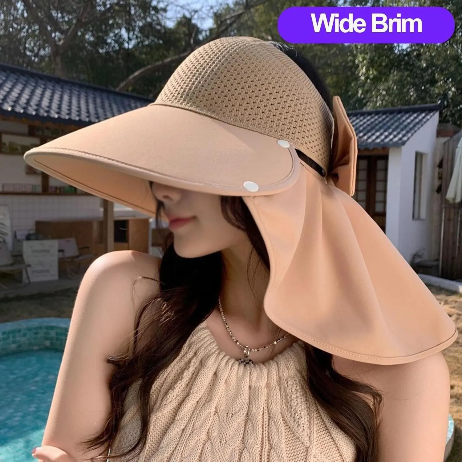 Large-Brim Hollow Sunscreen Hat with Removable Neck Shawl & Flap for Women, Adjustable Chin Strap, Windproof