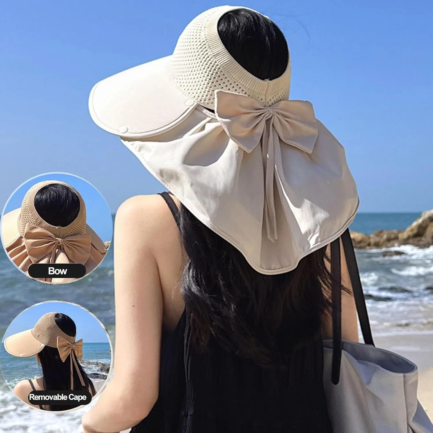 Large-Brim Hollow Sunscreen Hat with Removable Neck Shawl & Flap for Women, Adjustable Chin Strap, Windproof