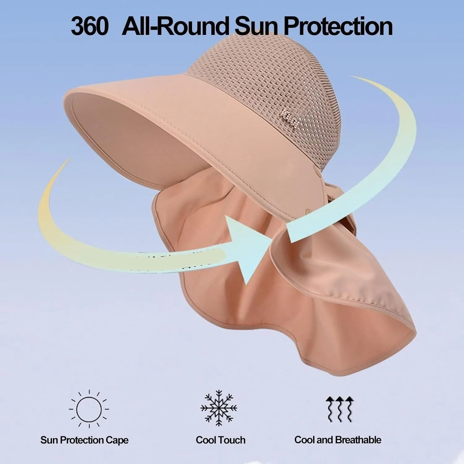 Large-Brim Hollow Sunscreen Hat with Removable Neck Shawl & Flap for Women, Adjustable Chin Strap, Windproof