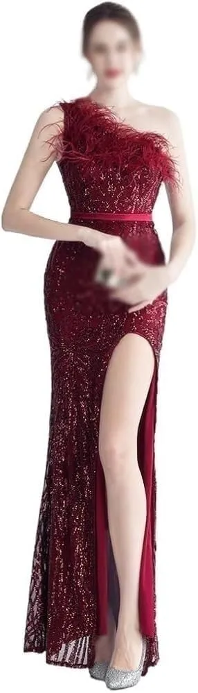 Large Size Women's Long High Slit Sequins Performance Banquet Evening Gowns Elegant Party Skirt