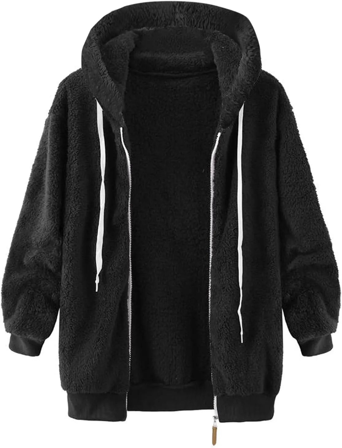 LCMTWX Fleece Jacket Women Loose Solid Color Artificial Wool Zipper Drawstring Long-Sleeved Hoodie Oversized Fluffy Winter