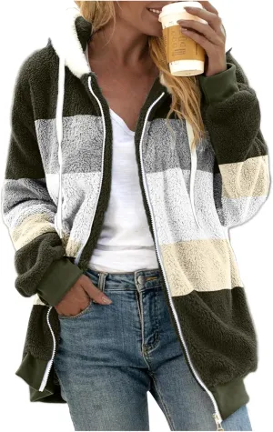 LCMTWX Fleece Jacket Women Loose Solid Color Artificial Wool Zipper Drawstring Long-Sleeved Hoodie Oversized Fluffy Winter