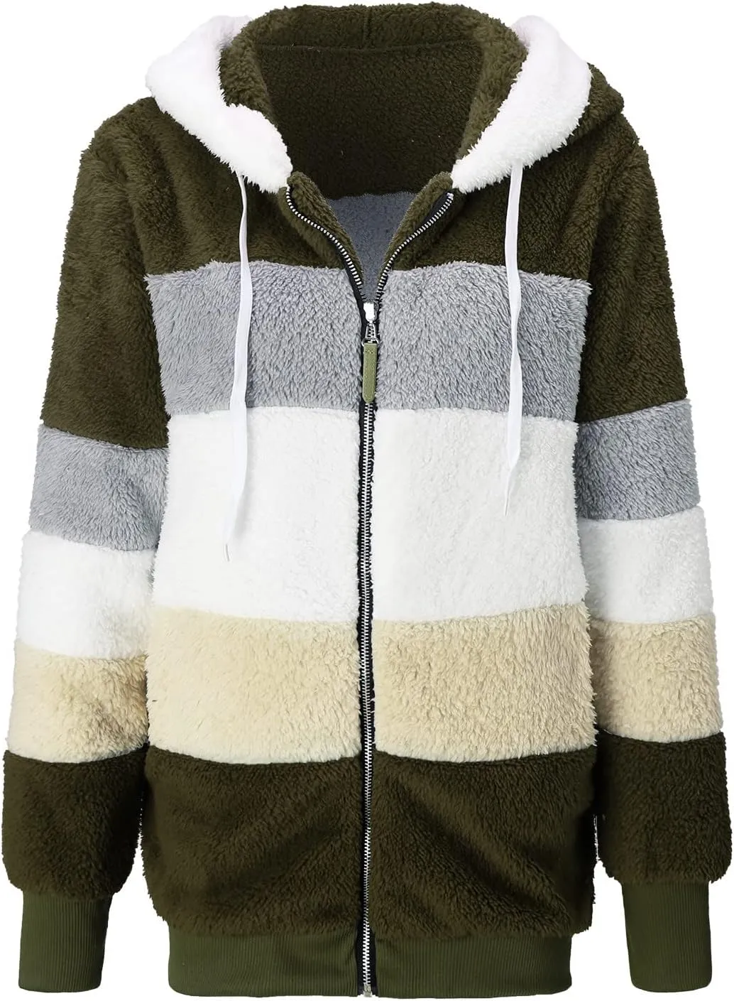 LCMTWX Fleece Jacket Women Loose Solid Color Artificial Wool Zipper Drawstring Long-Sleeved Hoodie Oversized Fluffy Winter