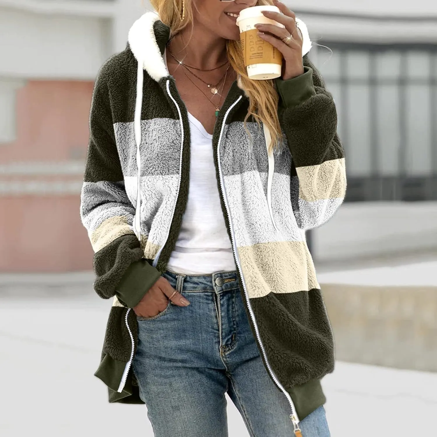 LCMTWX Fleece Jacket Women Loose Solid Color Artificial Wool Zipper Drawstring Long-Sleeved Hoodie Oversized Fluffy Winter