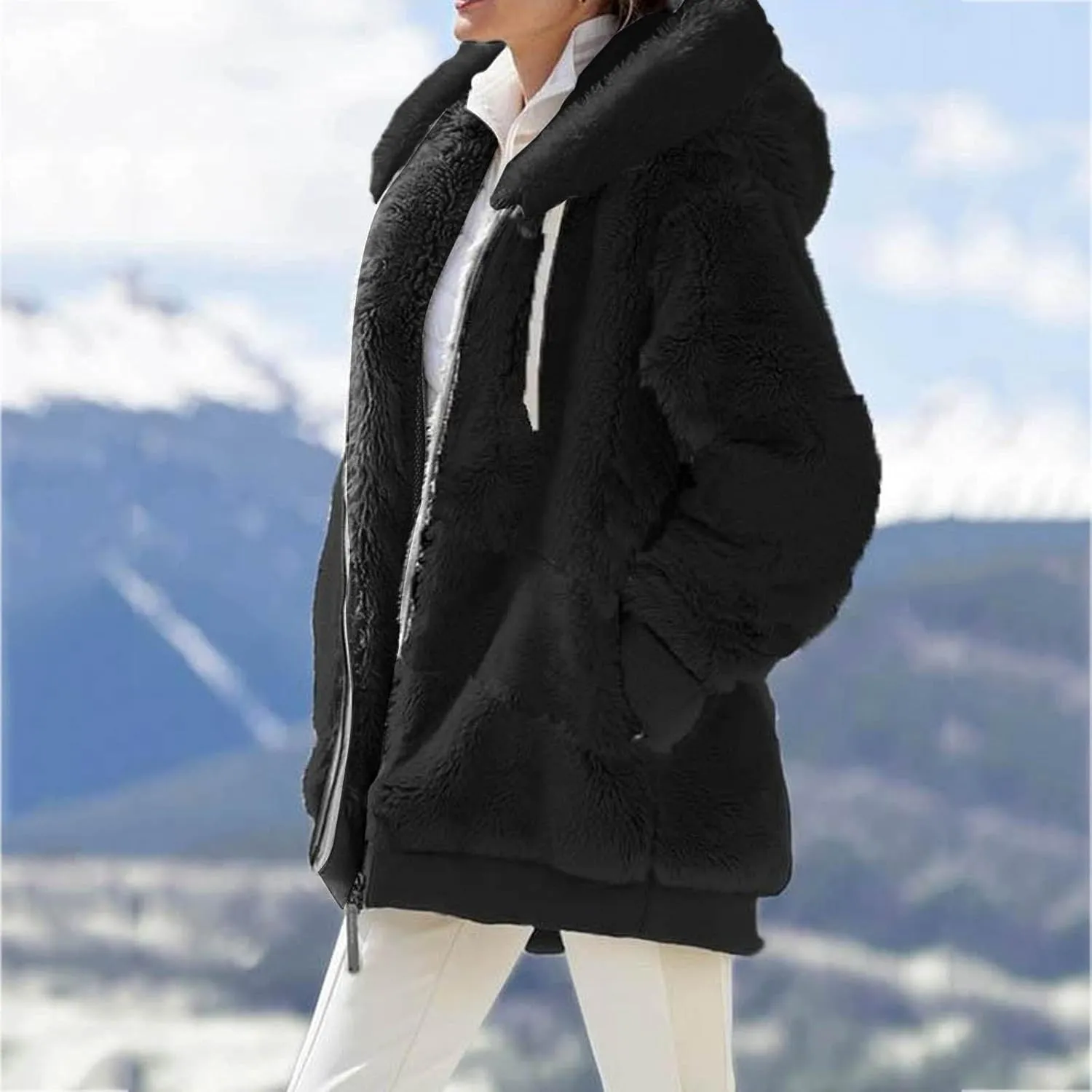 LCMTWX Fleece Jacket Women Loose Solid Color Artificial Wool Zipper Drawstring Long-Sleeved Hoodie Oversized Fluffy Winter