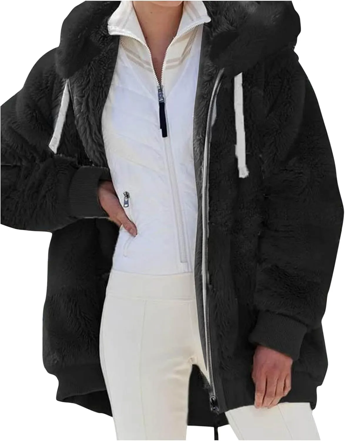 LCMTWX Fleece Jacket Women Loose Solid Color Artificial Wool Zipper Drawstring Long-Sleeved Hoodie Oversized Fluffy Winter