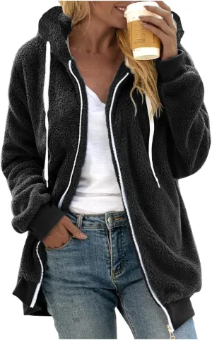 LCMTWX Fleece Jacket Women Loose Solid Color Artificial Wool Zipper Drawstring Long-Sleeved Hoodie Oversized Fluffy Winter