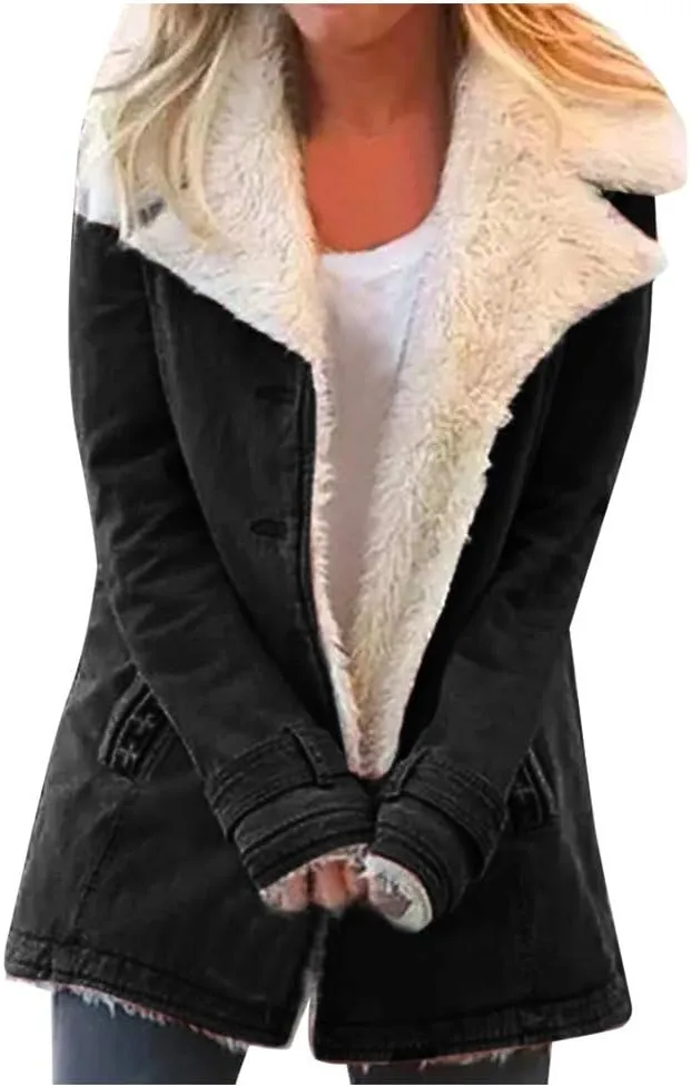 LCMTWX Fuzzy Fleece Jackets for Women Lapel Single Breasted Long Sleeve Plus Size Outwear Fuzzy Faux Shearling Zipper Plus