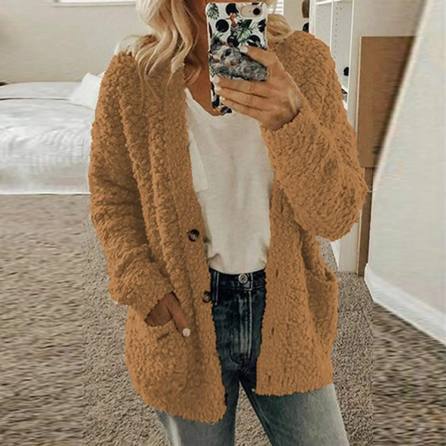LCMTWX Winter Coats for Women Coat Outdoor Slim Coffee Outwear Plush Long Cardigan Trendy Color Block Patchwork Cardigan