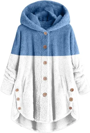 LCMTWX Winter Coats for Women Long Hooded Button Fleece Sleeve Plus Size Women Women's Color Block Patchwork Cardigan