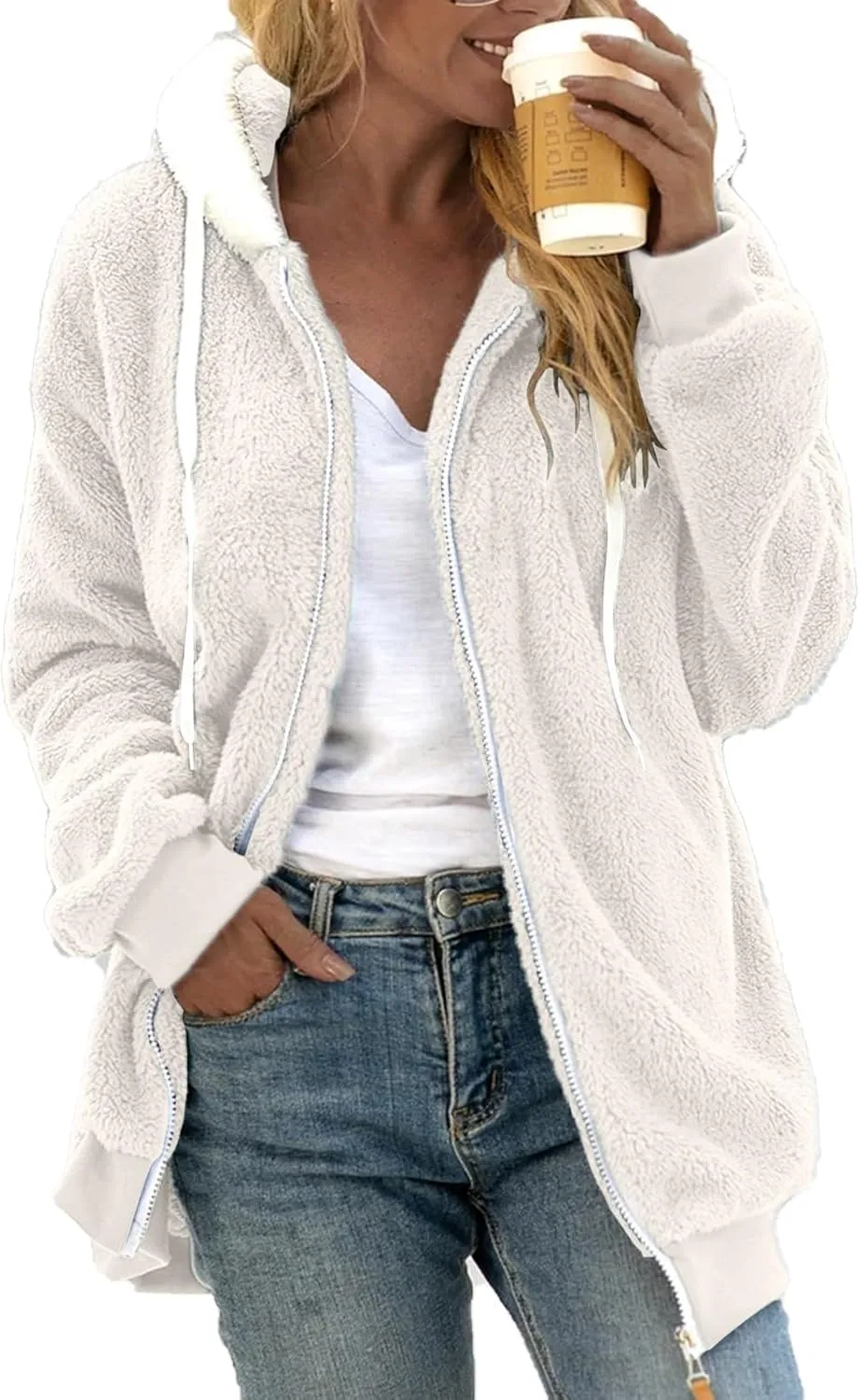 LCMTWX Womens 2023 Winter Fuzzy Fleece Jacket Hooded Pullover Warm Wool Plush Coat Zipper Solid Oversized Fuzzy Fleece