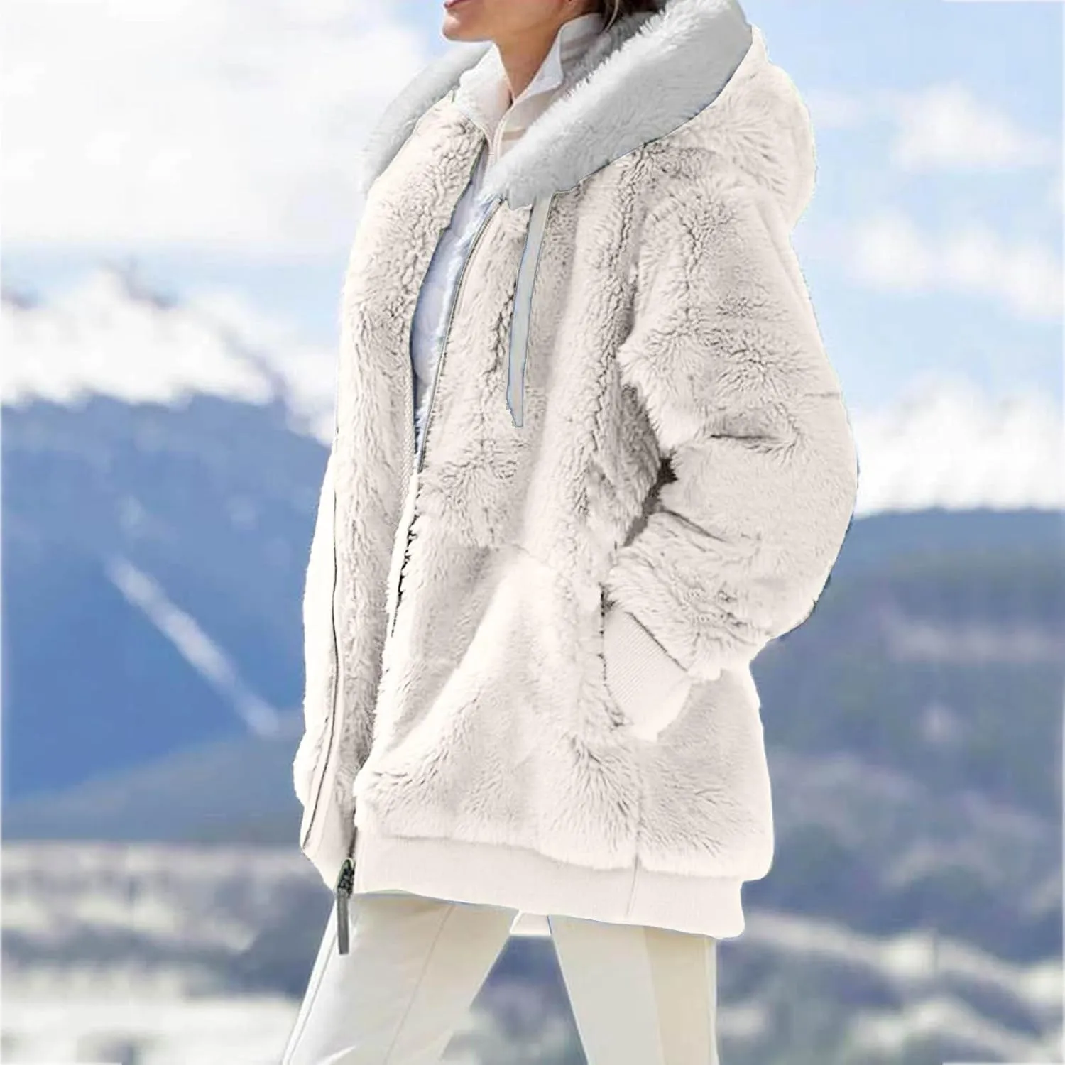 LCMTWX Womens 2023 Winter Fuzzy Fleece Jacket Hooded Pullover Warm Wool Plush Coat Zipper Solid Oversized Fuzzy Fleece
