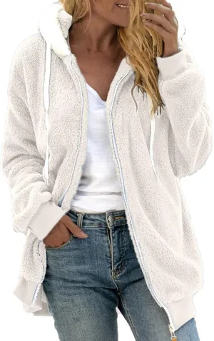 LCMTWX Womens 2023 Winter Fuzzy Fleece Jacket Hooded Pullover Warm Wool Plush Coat Zipper Solid Oversized Fuzzy Fleece