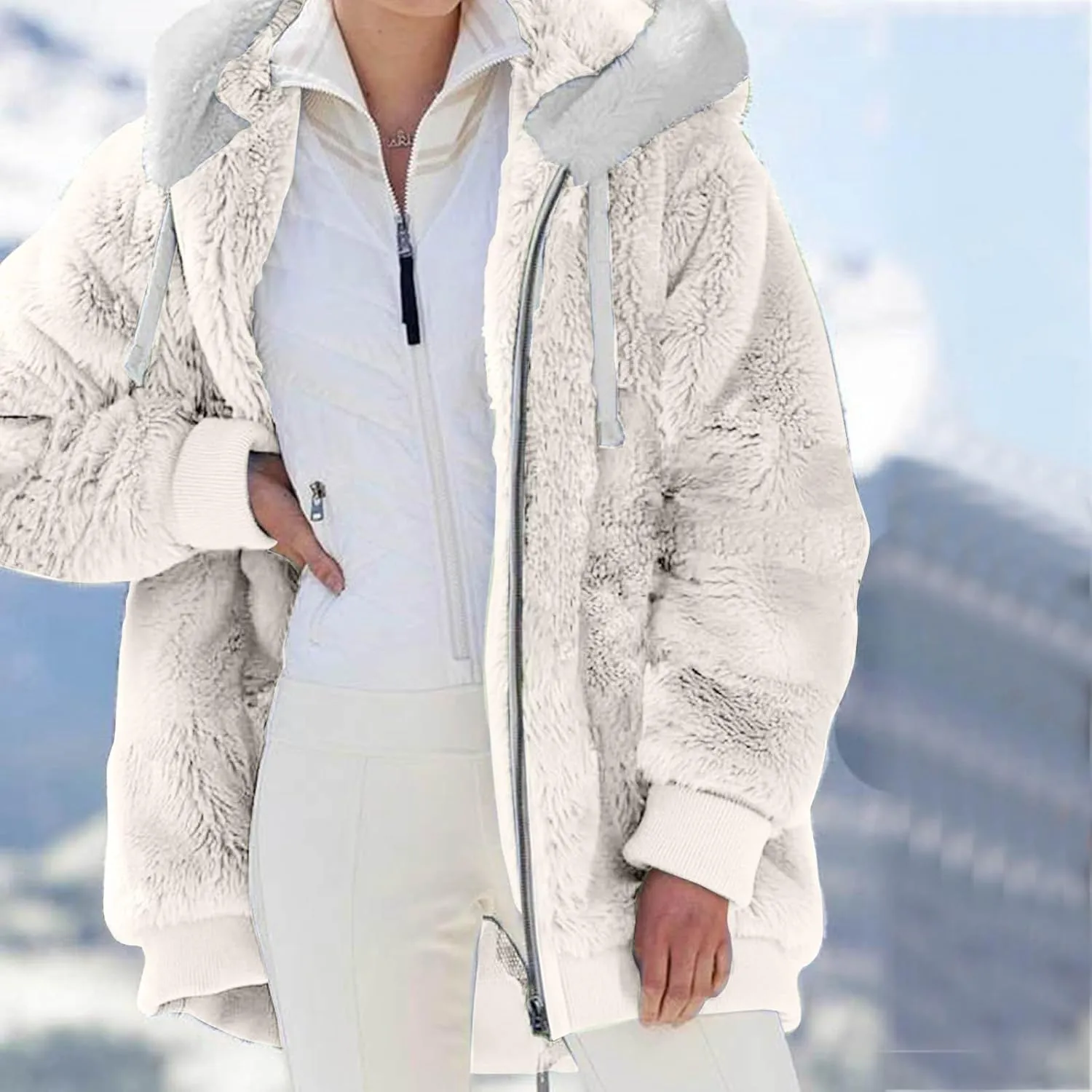 LCMTWX Womens 2023 Winter Fuzzy Fleece Jacket Hooded Pullover Warm Wool Plush Coat Zipper Solid Oversized Fuzzy Fleece