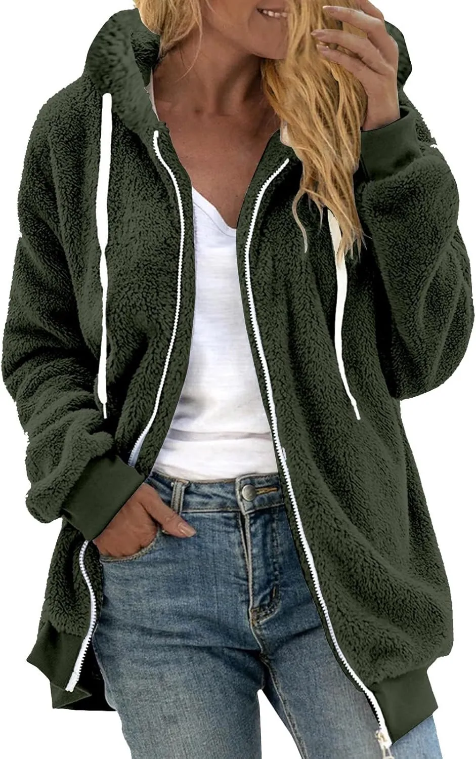 LCMTWX Womens Winter Fuzzy Fleece Jacket Color Artificial Wool Zipper Drawstring Winter Coats for Women 2023 Trendy Coat