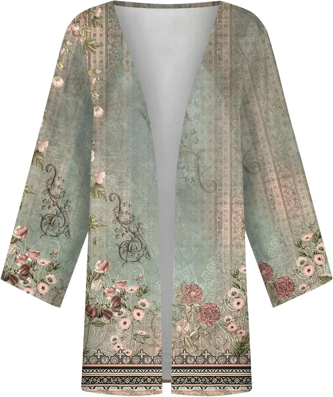 Lightweight Cardigans for Women 3/4 Sleeve Casual Loose Open Front Cardigan Floral Printed Trendy Cardigans