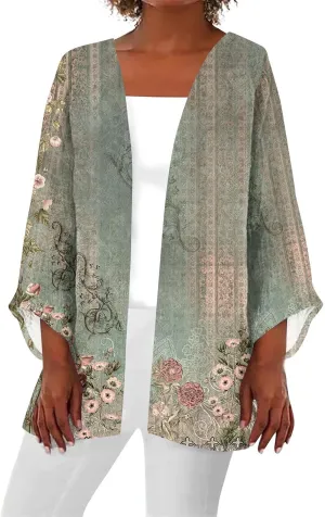 Lightweight Cardigans for Women 3/4 Sleeve Casual Loose Open Front Cardigan Floral Printed Trendy Cardigans