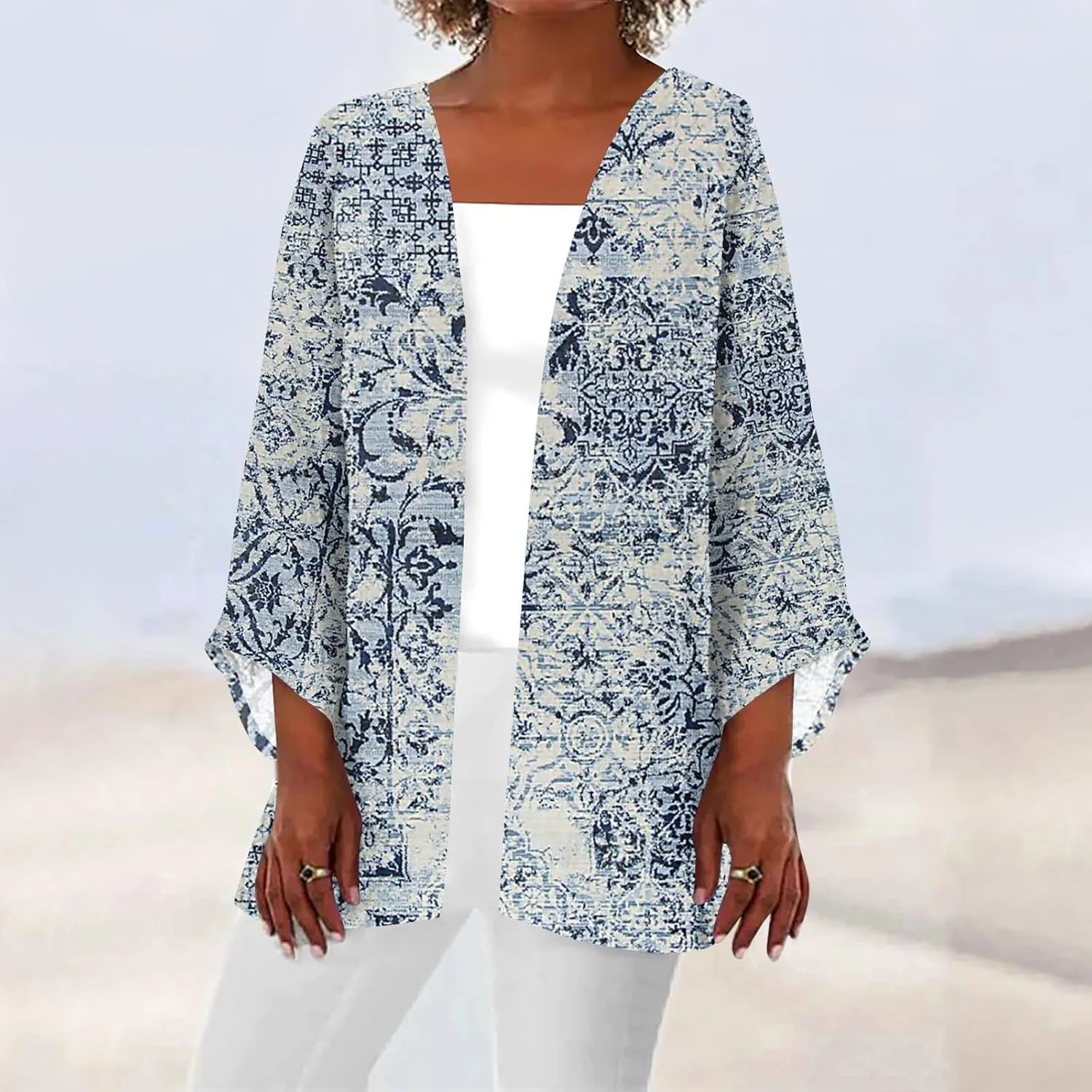 Lightweight Cardigans for Women 3/4 Sleeve Casual Loose Open Front Cardigan Floral Printed Trendy Cardigans