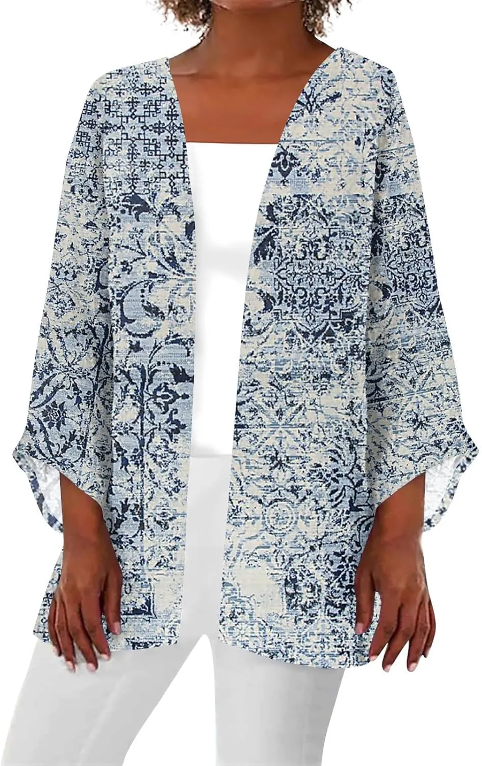 Lightweight Cardigans for Women 3/4 Sleeve Casual Loose Open Front Cardigan Floral Printed Trendy Cardigans