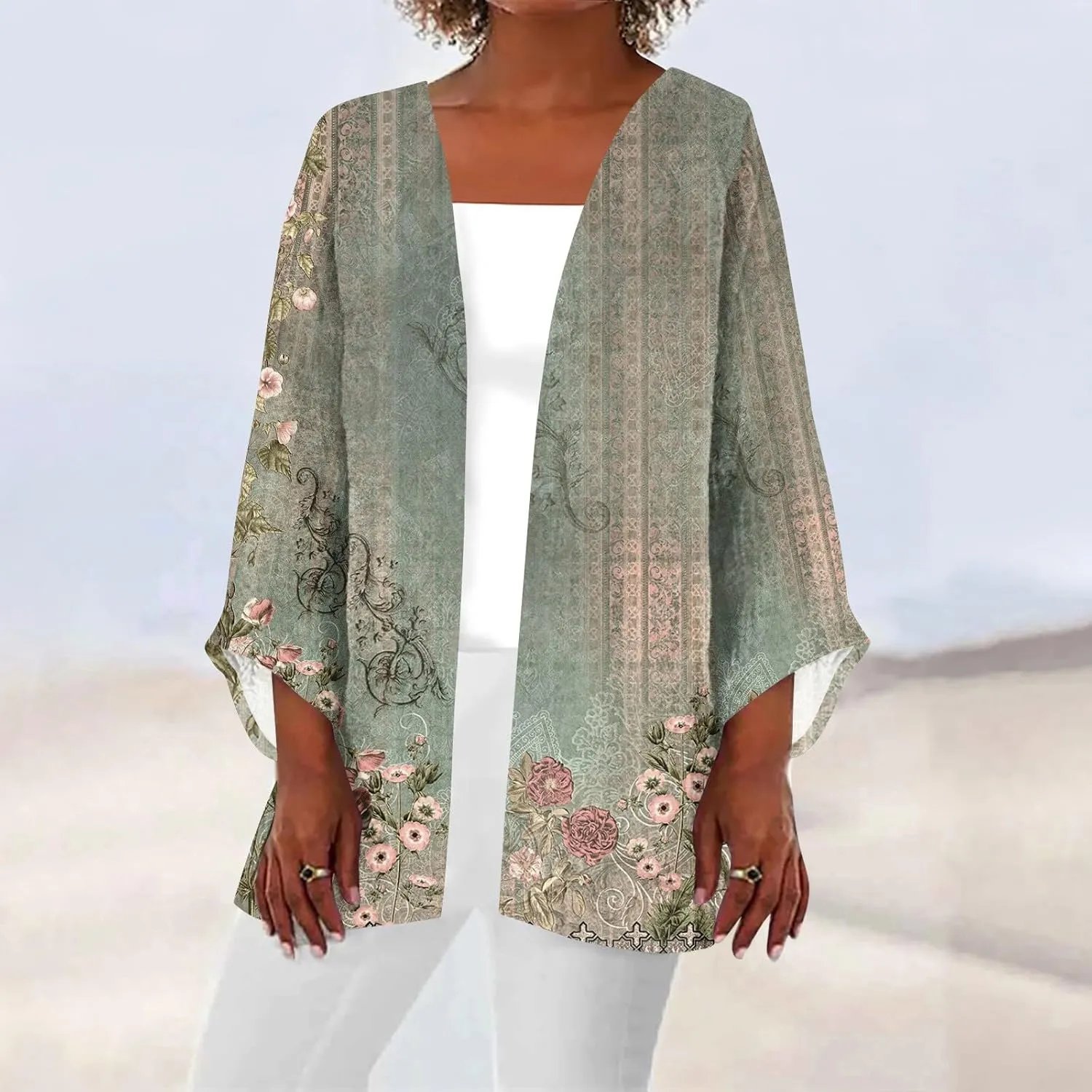 Lightweight Cardigans for Women 3/4 Sleeve Casual Loose Open Front Cardigan Floral Printed Trendy Cardigans
