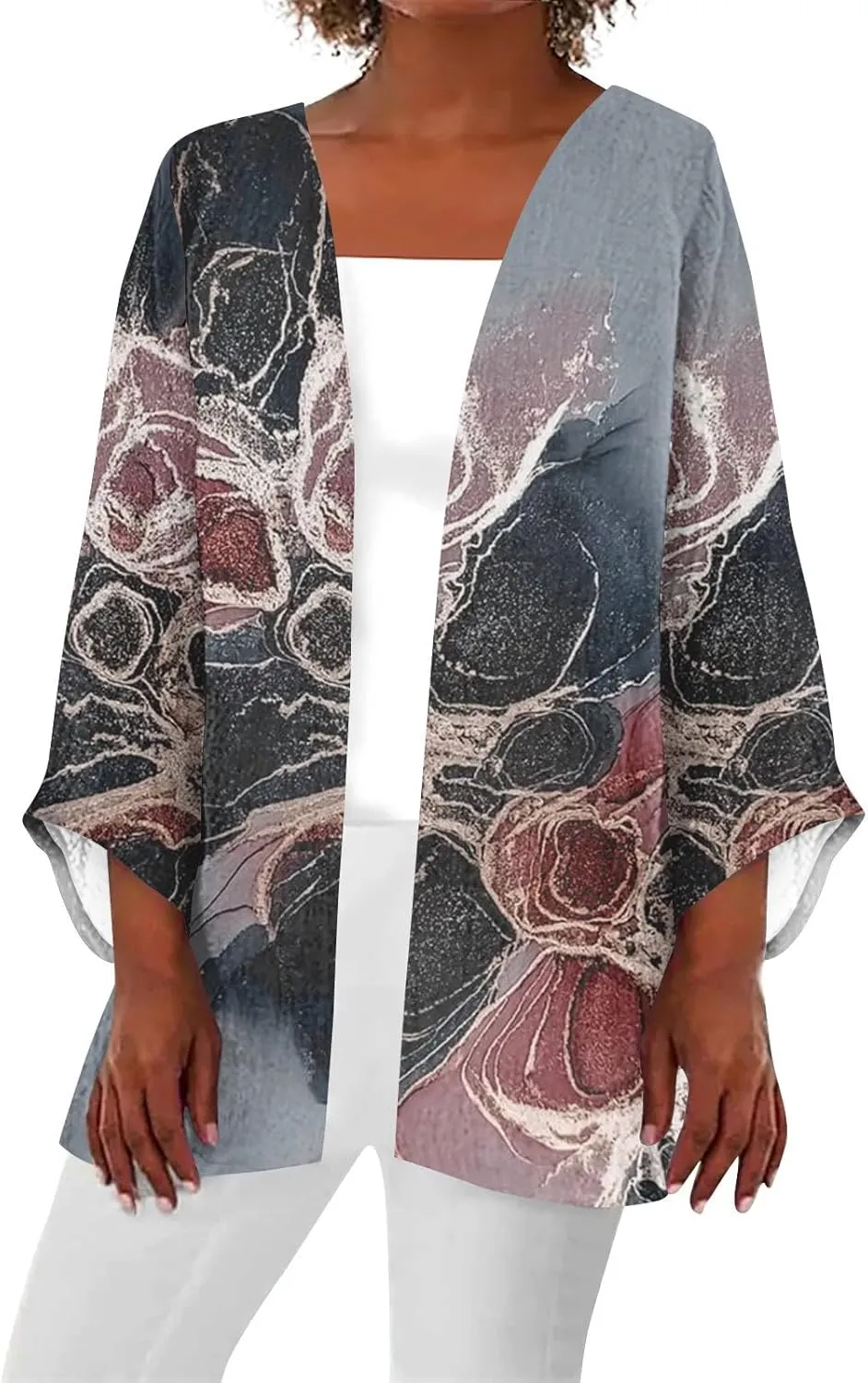 Lightweight Cardigans for Women 3/4 Sleeve Trendy Open Front Cardigan Floral Printed Comfy Dressy Cardigans