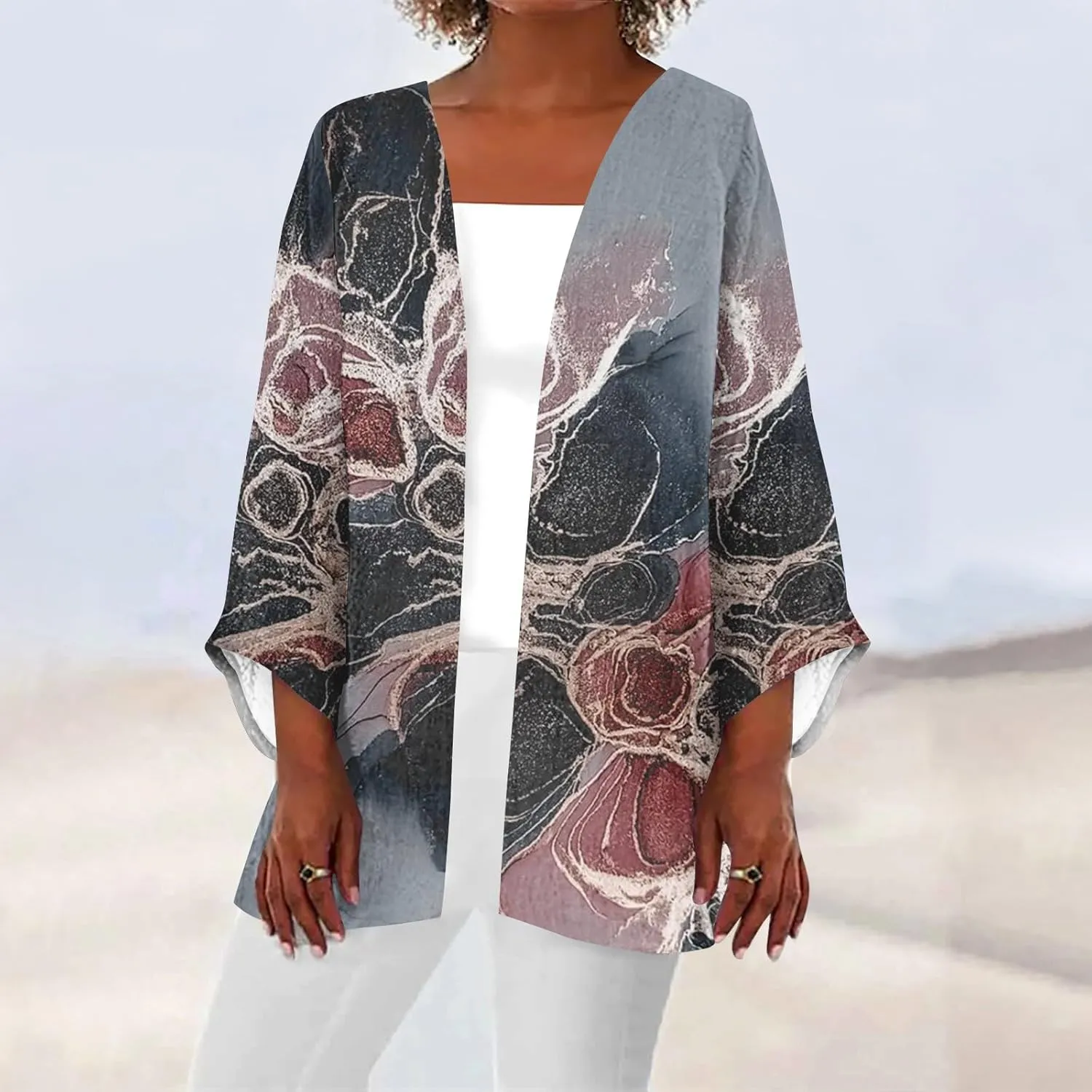 Lightweight Cardigans for Women 3/4 Sleeve Trendy Open Front Cardigan Floral Printed Comfy Dressy Cardigans