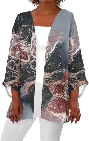 Lightweight Cardigans for Women 3/4 Sleeve Trendy Open Front Cardigan Floral Printed Comfy Dressy Cardigans