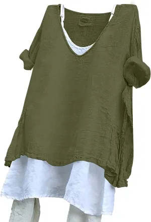 Linen Blend Shirts for Women Girl Boyfriend Shirts Dress Shirt Longer Length T Shirts Green