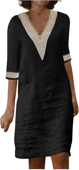 Linen Dresses for Women 2024 Summer 3/4 Sleeve Lace Embroidered V Neck A Line Dress Sexy Beach Vacation T Shirt Dress
