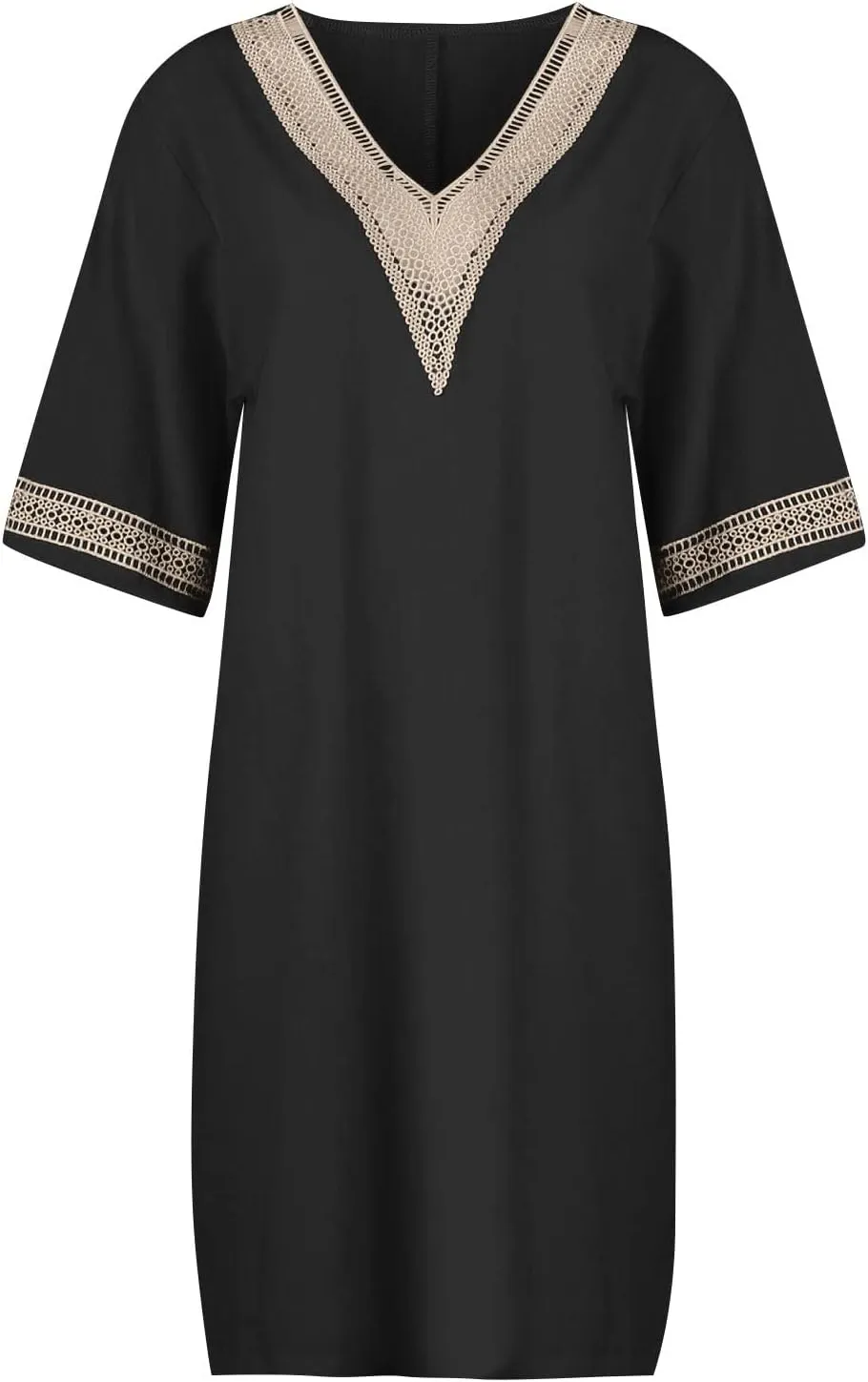 Linen Dresses for Women 2024 Summer 3/4 Sleeve Lace Embroidered V Neck A Line Dress Sexy Beach Vacation T Shirt Dress