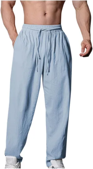 Linen Pants for Men Casual Elastic Waist Pants Straight Leg Ninth Pants Lightweight Lounge Pants Athletic Pants