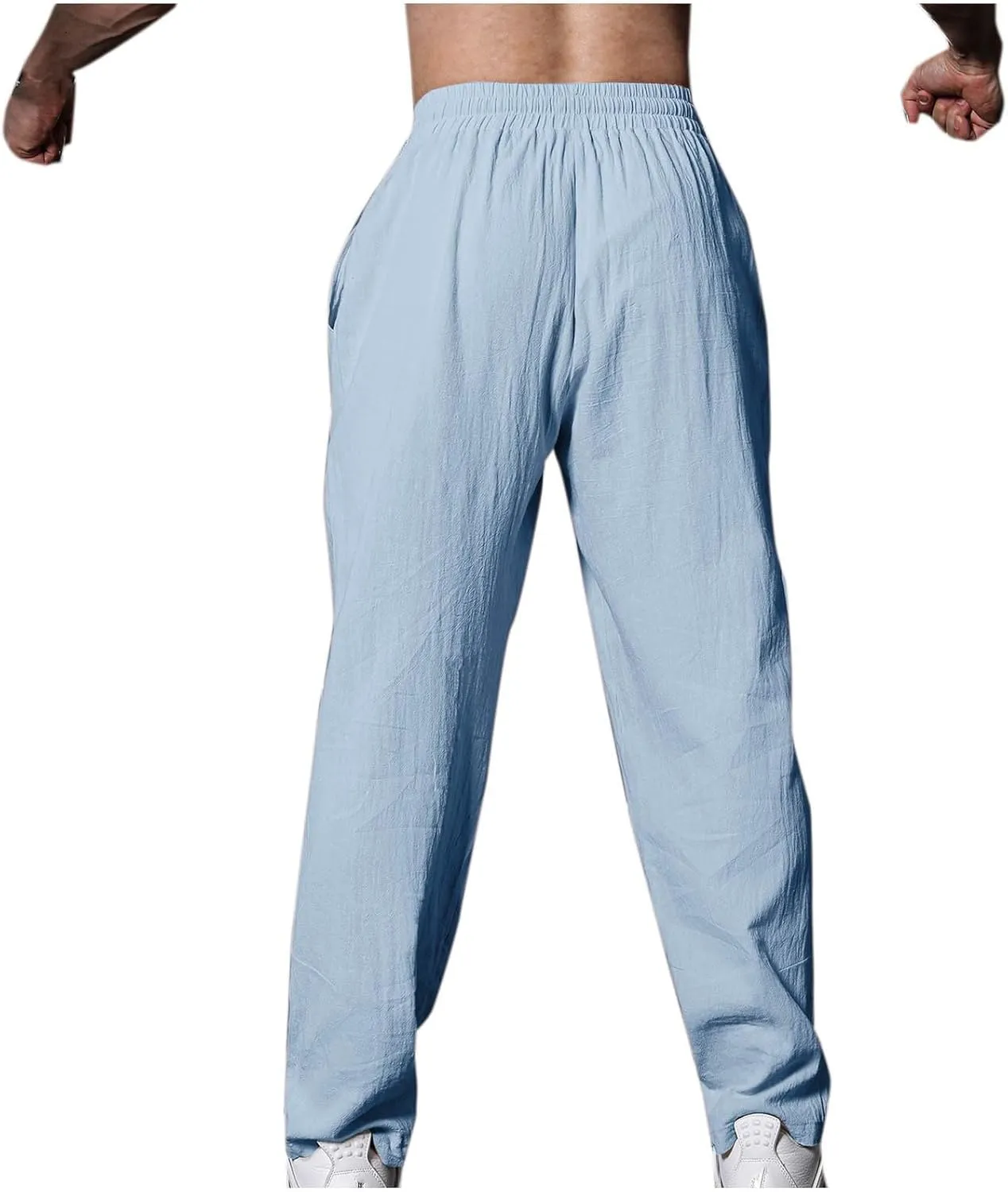 Linen Pants for Men Casual Elastic Waist Pants Straight Leg Ninth Pants Lightweight Lounge Pants Athletic Pants
