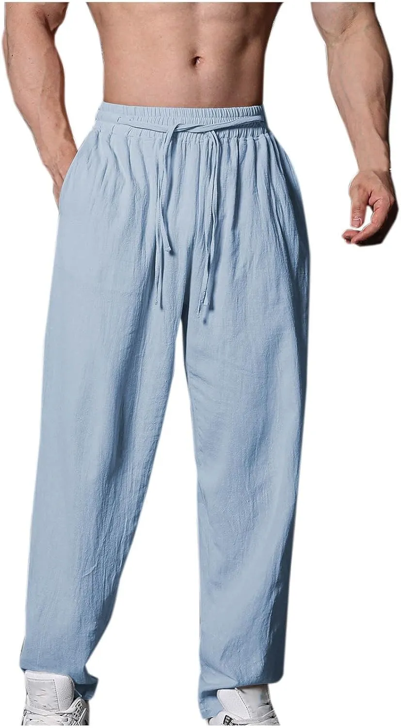 Linen Pants for Men Casual Elastic Waist Pants Straight Leg Ninth Pants Lightweight Lounge Pants Athletic Pants